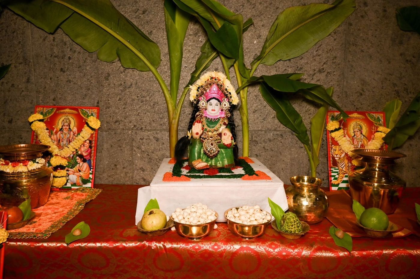Goddess Durga idols on the decorated altar